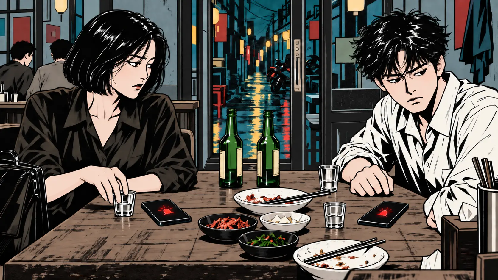 새벽 술집에서 울리는 두 대의 휴대폰을 바라보는 지안과 도현, 테이블 위의 빈 소주병