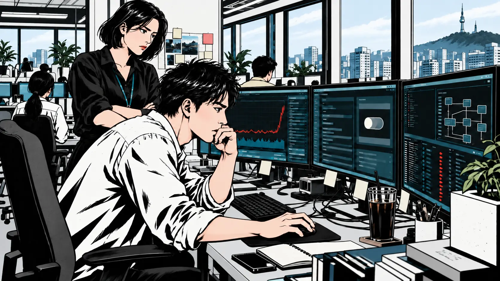 사무실의 세 모니터 앞에서 급증한 트래픽과 꺼진 스위치를 살피는 도현과 지안