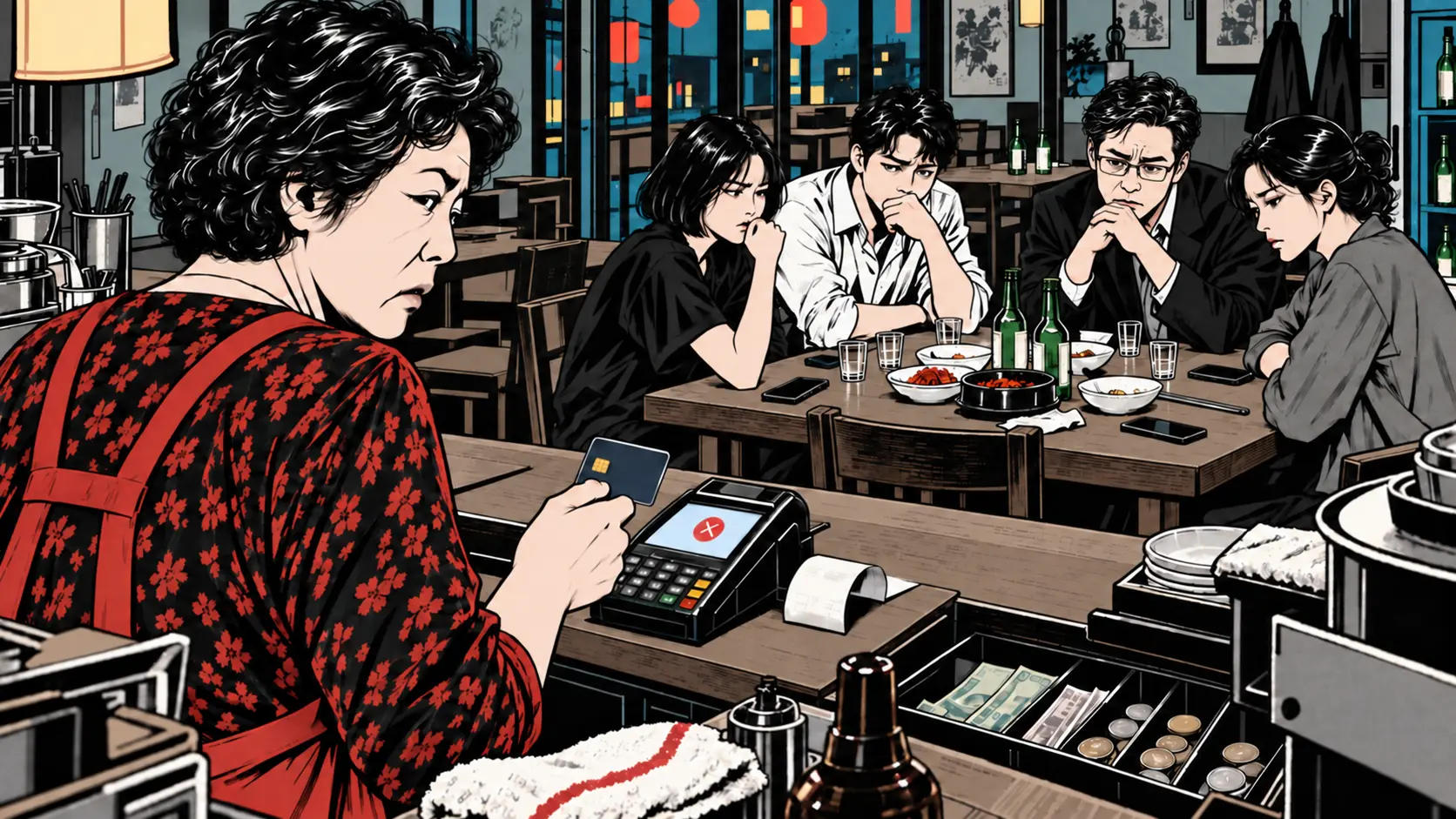 승인 오류가 뜬 카드 단말기를 앞에 둔 영선과 술집 테이블의 걱정스러운 네 손님