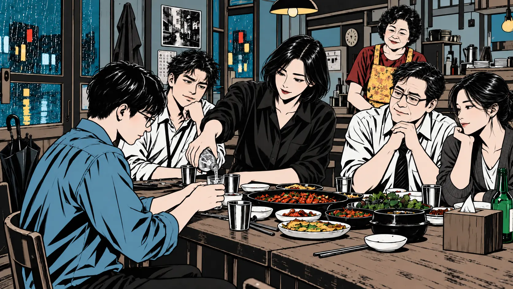 비 오는 밤 술집에서 동료들이 지켜보는 가운데 하늘의 잔에 사이다를 먼저 따르는 지안